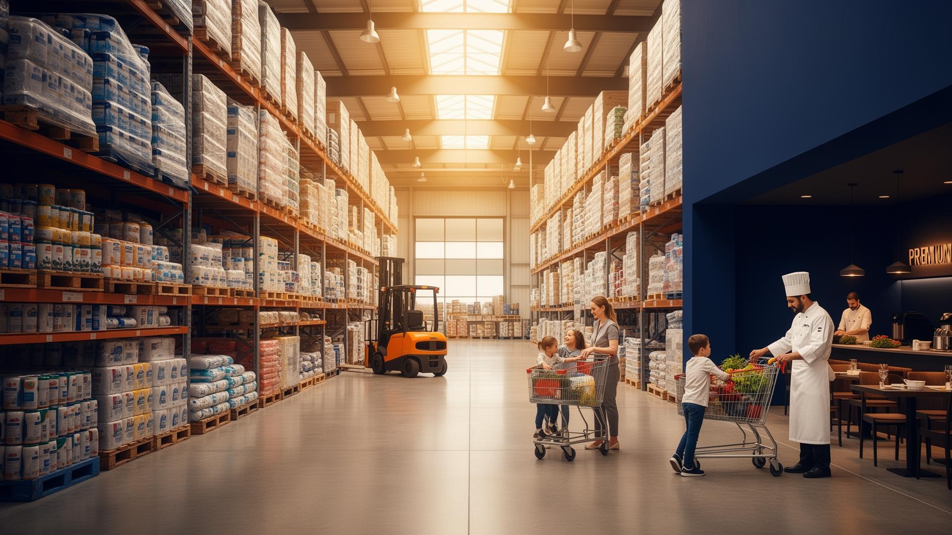 Premium warehouse retail interior with wide aisles and stocked shelves